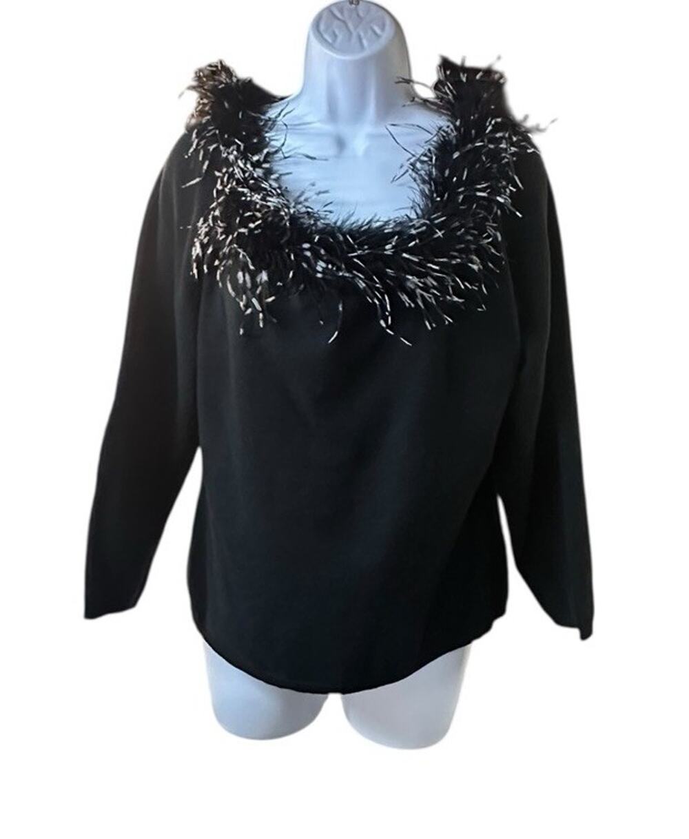 Vintage Gantos Y2K Feather Trim Sweater Black Fuzzy Neckline Glam Holiday Top XL